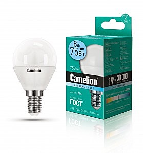 Лампа светидиодная E14 Camelion Шар G45 8W(750 220°) 4500K 4K матов. 80x45 пластик LED8-G45/845/E14