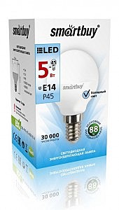 Лампа светодиодная E14 Smartbuy шар P45 5W(400lm) 4000K 4K матовая пластик SBL-P45-05-40K-E14