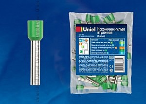 Наконечник-гильза Uniel (Е-гильза) 6мм2, 18мм (цена за шт.) зеленый UCT-060/180 GREEN