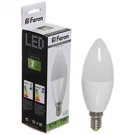 Лампа светодиодная E14 Feron свеча C37 7W(580lm) 4000K 4K матовая 100x37 LB-97 25476