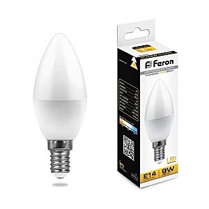 Лампа светодиодная E14 Feron свеча C37 9W(800lm) 2700K 2K матовая 100x37, LB-570 25798
